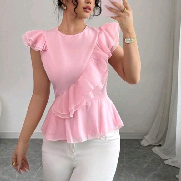 Tops - Fashionable & Elegant Cinched Waist Fitted Chiffon Accessory Cap Sleev